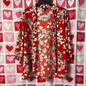 Roz & Ali Red Floral Kimono Red w/Pink/Beige/Coral Flowers Size XL